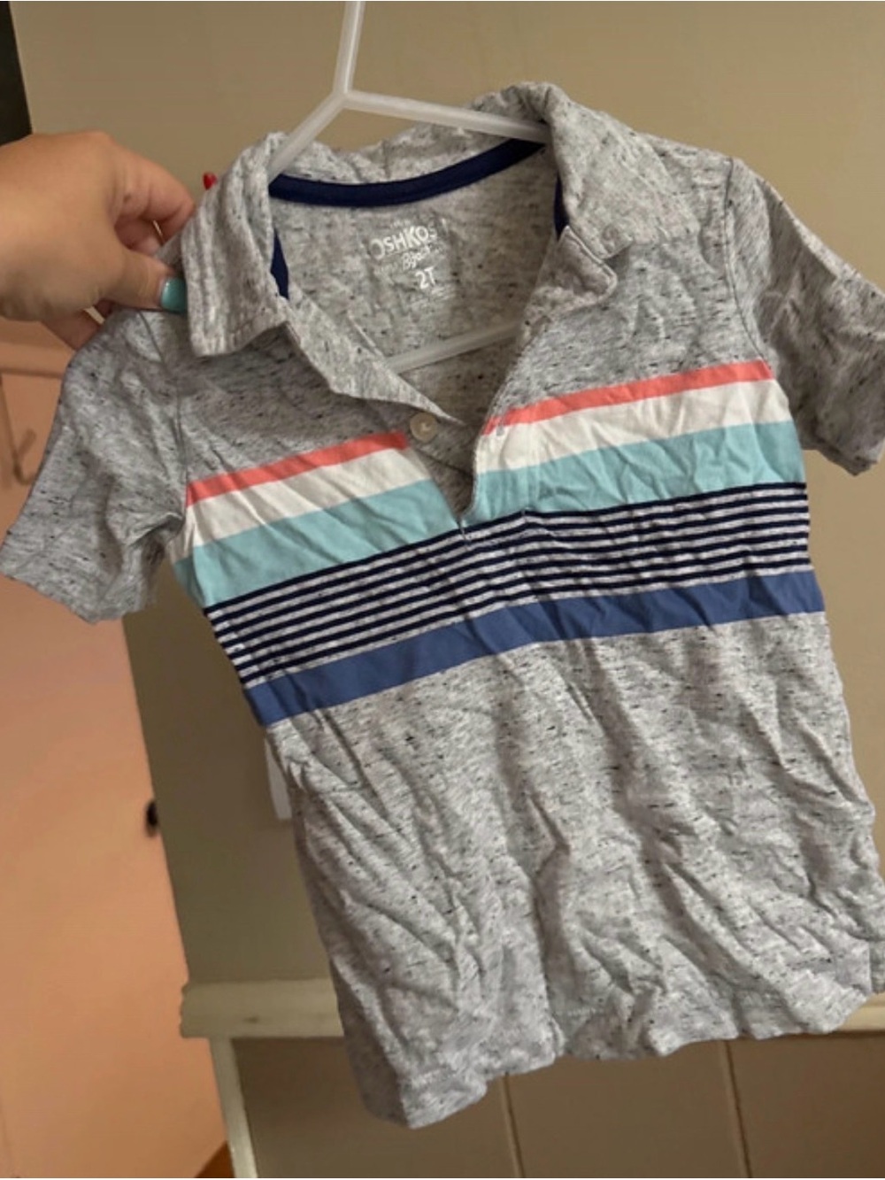 OshKosh B'gosh Heather Gray Polo with Blue, Coral & Aqua Stripes